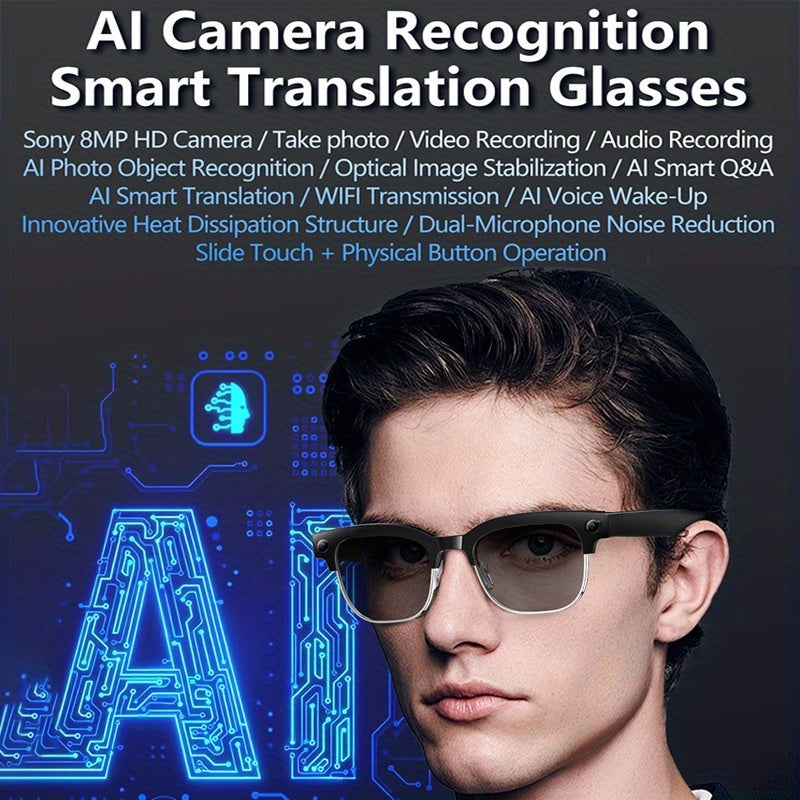 New Smart AI Glasses for Photo And Video Recording, with 800W Pixel Ultra-wide Camera, High-definition Video 1080P, Anti-shake for Photography And Video, Blue Light Blocking, Dual-mic Noise Reduction, AI Voice Control, Wi-Fi