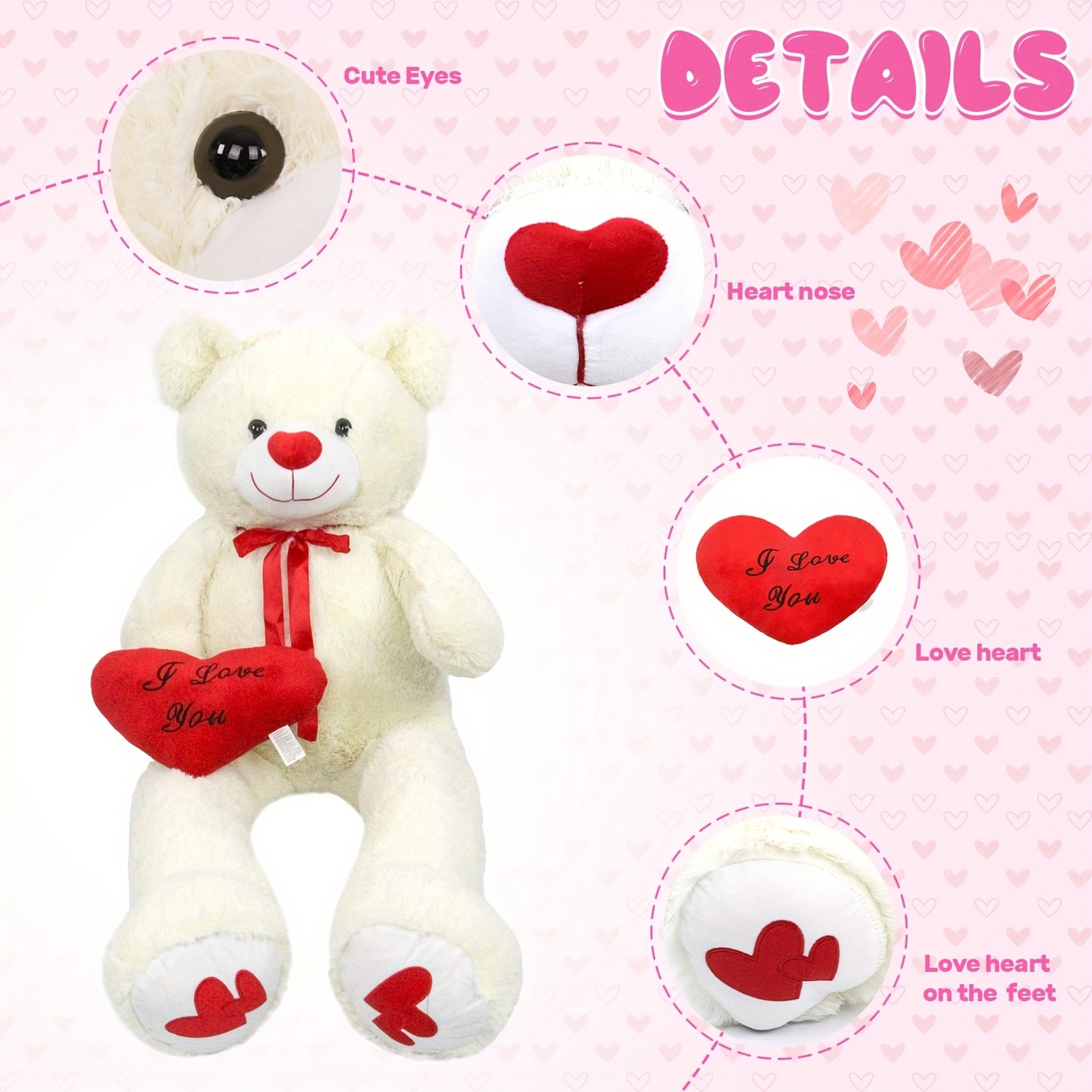 53" Big Teddy Bear Stuffed Animals with Footprints And 14" Heart-shaped Plush Pillow Plush Toy for Girlfriend (White Pink Brown Blue Purple), Stuffed Animals, Huge Stuffed Animal, Small Stuffed Animals, Cuddly Companion, Gift