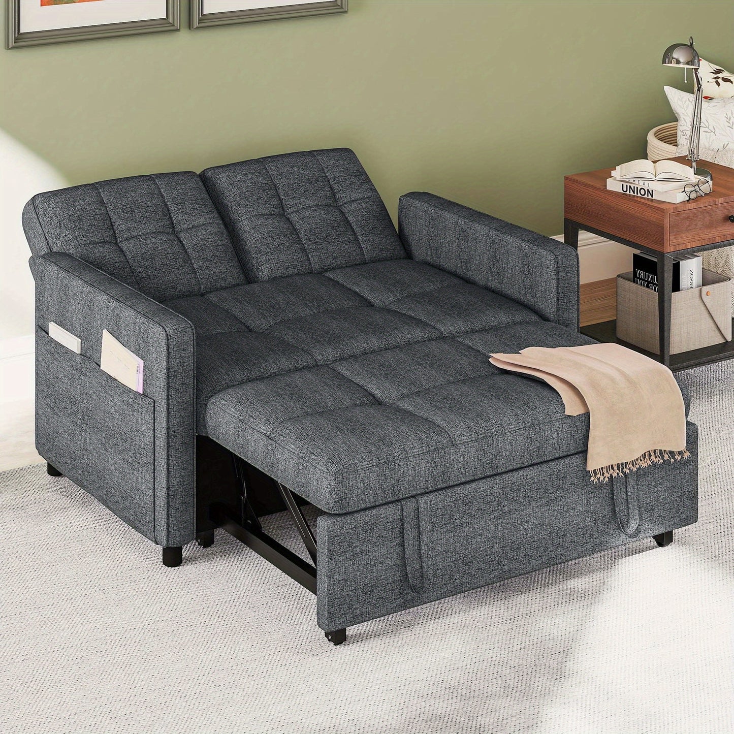 Sablyme 3-in-1 Convertible Sleeper Chair Sofa Bed, Convertible Sofa Bed with Pull- Out Bed, Adjustable Pull-Out Sleeper with Multi-Pocket Folding Design, Linen Fabric Sofa with Side Storage Pockets And Adjustable Backrest, fo