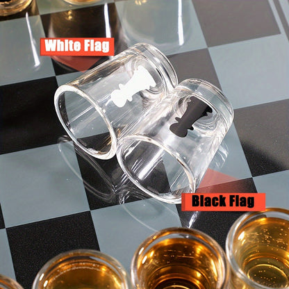 32pcs Chess-Themed Shot Glass Drinking Game Set - Acrylic Chess Board Glasses for Adults, Durable Bar Party Supplies with Storage Case, Family Game Night & Strategy Board Game Accessories