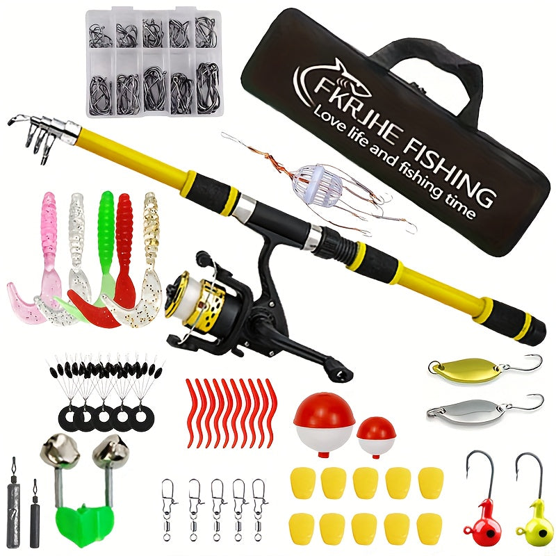 70.87inch Full Fishing Kit with Telescopic Rod, Spinning Reel, Baits, Hooks & Accessories - Red & Black, Medium-Light Power, Ambidextrous, Includes Tackle Box, Line, and Swivels for Freshwater & Saltwater Fishing, Fishing Gea