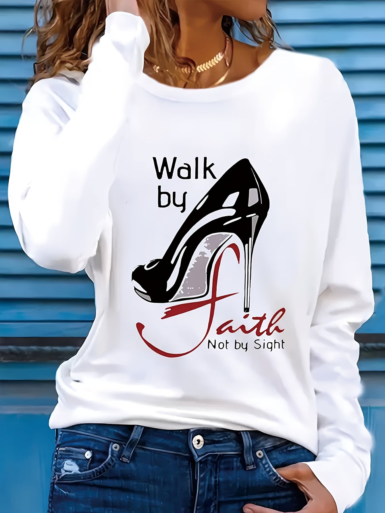 Women'S Long Sleeve T-Shirt - White Top with Bold "Walk by Faith Not by Sight" & High Heel Graphic - Breathable Everyday Shirt for Women - All-Season Casual & Formal Outfits - Machine Washable Everyday Inspiration Tee, Versat