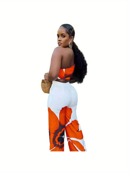 D9738 Women'S Y2K Fashion Floral Print One-Shoulder Slim Fit Wide-Leg Pants Two-Piece Set - Sexy Spring/Fall Outfit, Spring Fashion|Sleek Shoulder Design|Polyester Fabric