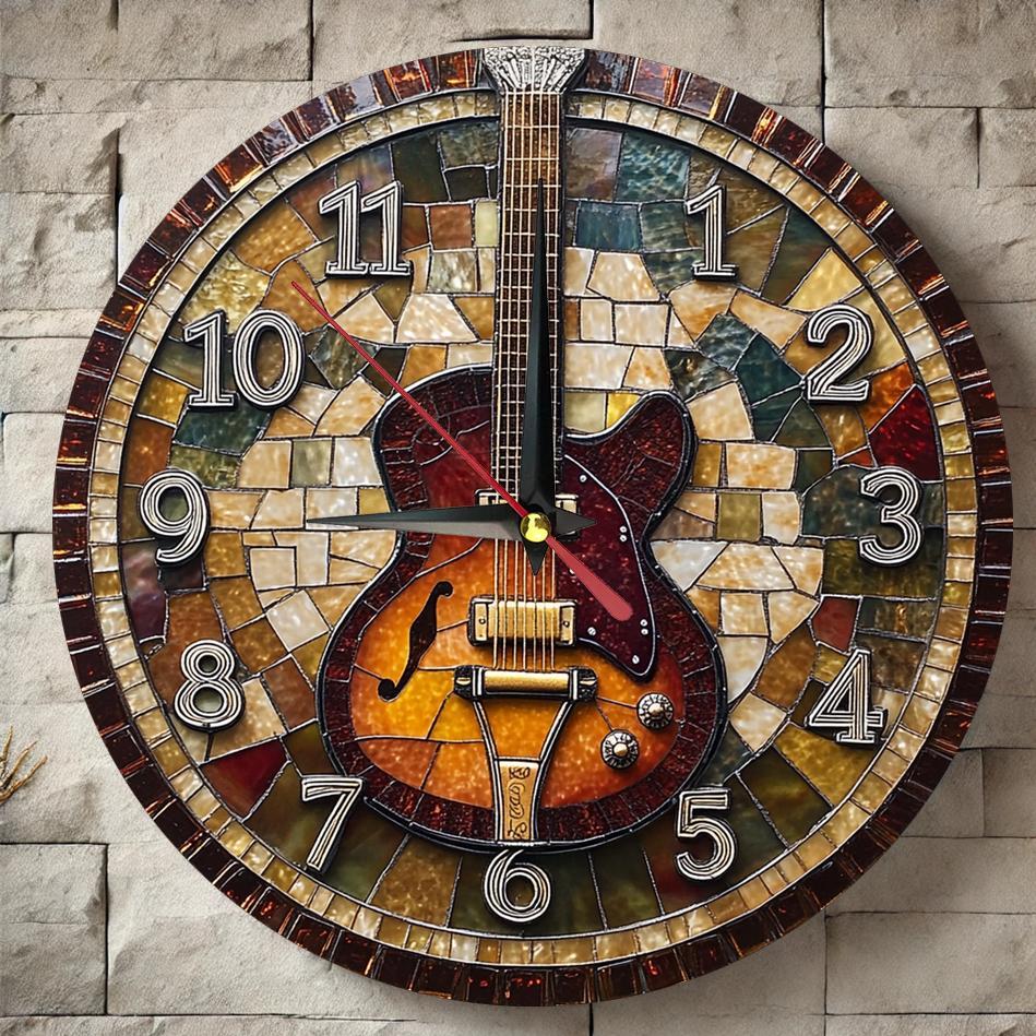 1pc Rustic Farmhouse Style Wooden Round Wall Clock, Guitar Theme, Silent Movement, Easy-to-Read, AA Battery Operated (Not Included), 9.8x9.8 inches for Home, Kitchen, Bedroom, Office Decor