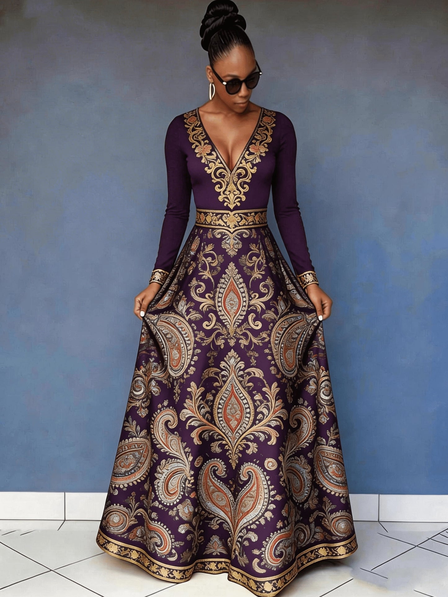Flower Rich And Luxurious Flower Print Design Women's V-neck Dress with Waist Cinching And Shaping, And Casual Drape, Sexy Charm, Fresh Temperament, Commuting Trend, Elegant Long Skirt, Cocktail Party, High-end Occasion
