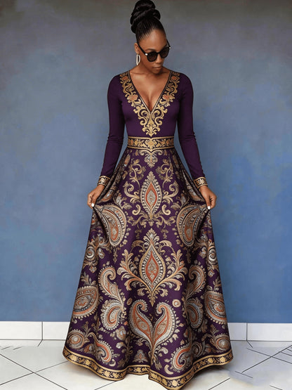 Flower Rich And Luxurious Flower Print Design Women's V-neck Dress with Waist Cinching And Shaping, And Casual Drape, Sexy Charm, Fresh Temperament, Commuting Trend, Elegant Long Skirt, Cocktail Party, High-end Occasion