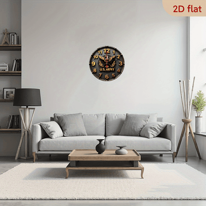 9.8" U.S. Army Silent Wall Clock - 2D Flat Printed Eagle Olive Branch Design, Artificial Wood Quartz Battery Operated (AA), Non-Luminous Military-Themed Home Decor for Living Room, Bedroom, Coffee Area, Clock for Living Room,