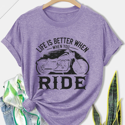 Women'S Motorcycle Graphic Long Sleeve T-Shirt - Turquoise Riding Slogan Print, Loose Fit Casual Top with Round Neck, All-Season Comfort for Motorcycle Enthusiasts, Outdoor Riding & Casual Attire, Breathable & Durable Apparel