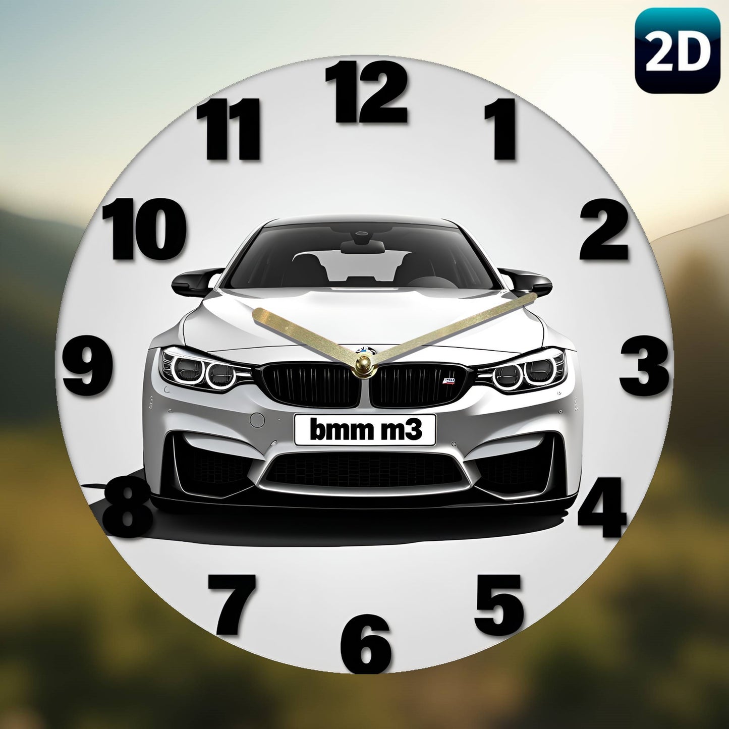 1pc Silent Wall Clock with 2D Car Design – 7.87 Inch Circular Acrylic Decorative Clock, White with Golden Accents, Ideal for Home, Office, Garage, Bar, Café, Garden, Party & Holiday Gift, Clock Wall Decor