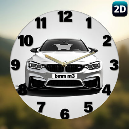 1pc Silent Wall Clock with 2D Car Design – 7.87 Inch Circular Acrylic Decorative Clock, White with Golden Accents, Ideal for Home, Office, Garage, Bar, Café, Garden, Party & Holiday Gift, Clock Wall Decor