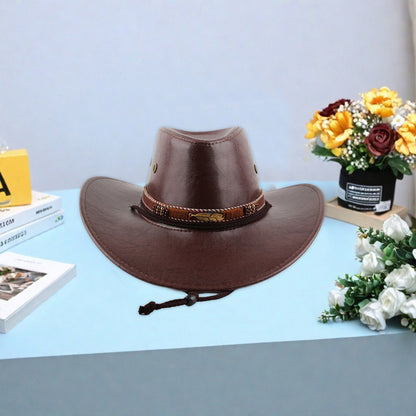 Women Men Western Hat Faux Leather Wide Brim Cowgirl Cap Sun Protection Hat for Outdoor Party