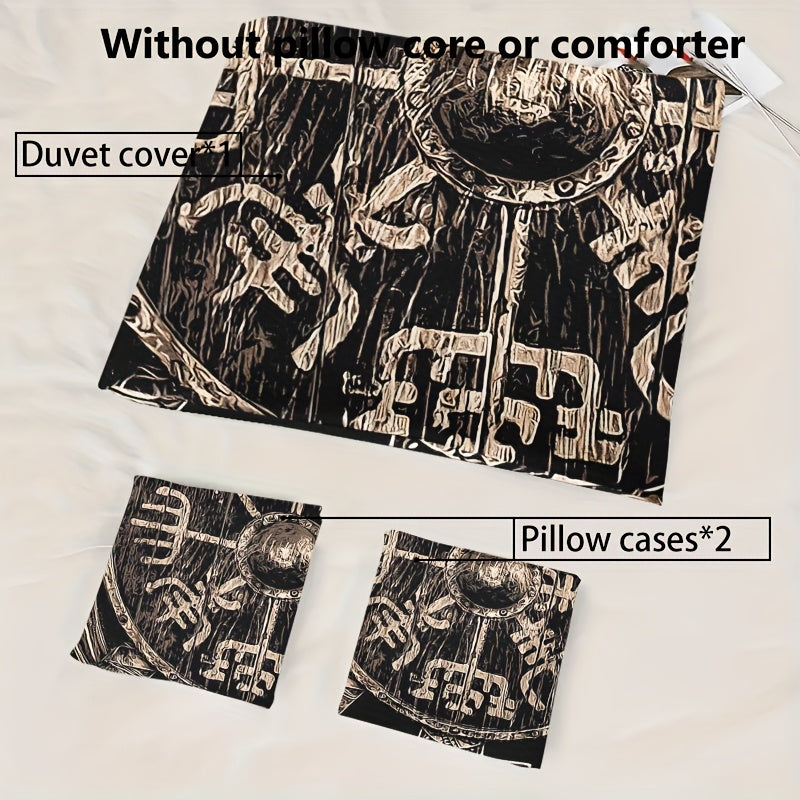3pcs Comfortable Viking Shield Theme Duvet Cover Set, Soft High-Definition Digital Print, Soft, Breathable 100% Polyester, Perfect Gift, All-Season, Family And Friends Gift, Machine Washable (1 Duvet Cover + 2 Pillowcases, No