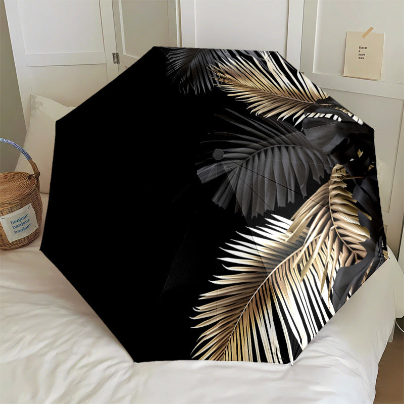 Automatic Open/Close Umbrella with One-Touch Button - Windproof 8-Rib Sturdy Frame, Black & Golden Leaf Design - Compact Travel Umbrella with One-Button Closing Mechanism for Men & Women, Automatic Open/Close, Black & Golden/