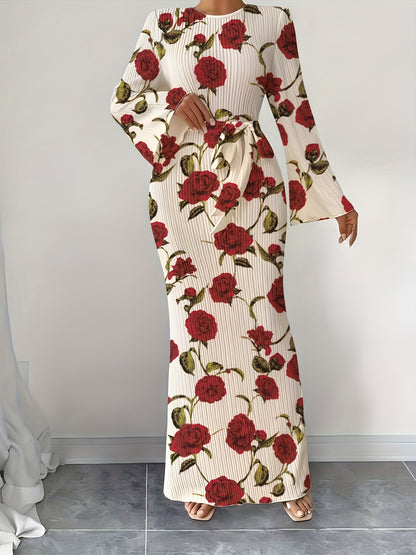 Women's Elegant Pleated Fabric Flared Long Sleeve Dress for Autumn and Winter