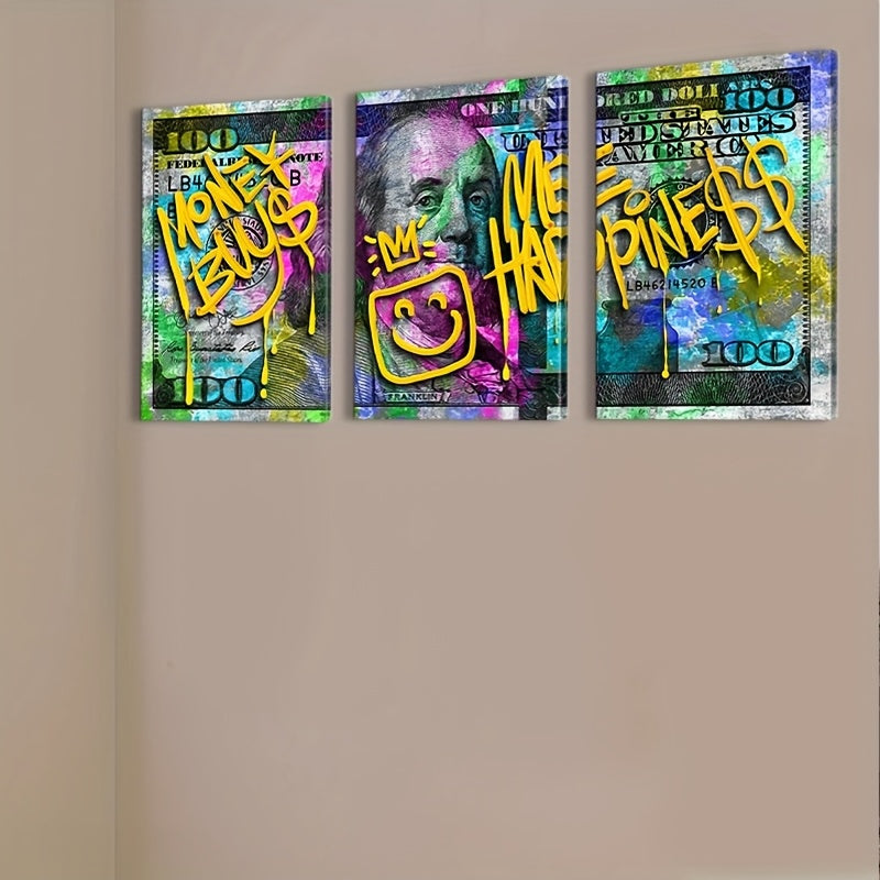 3-Panel Money Wall Art with Graffiti "Money Bus My Happiness" Design - 100 Dollar Bill Canvas Print on Recycled Wood Frame, Vibrant Inspirational Decor for Living Room, Bedroom, Home Office - Ready to Hang, Wall Hanging Decor