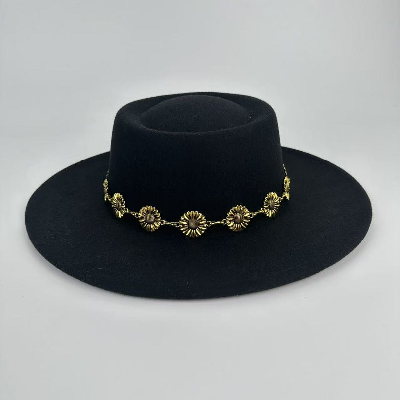 1pc Bohemian-style Unique and Fashionable Felt Hat - Decorated with Exquisite Golden Flower Chain Fedora Hat - Suitable for Daily Street Style, Music Festival Outfits, Bohemian-inspired Looks, Casual Outings and Trendy Season