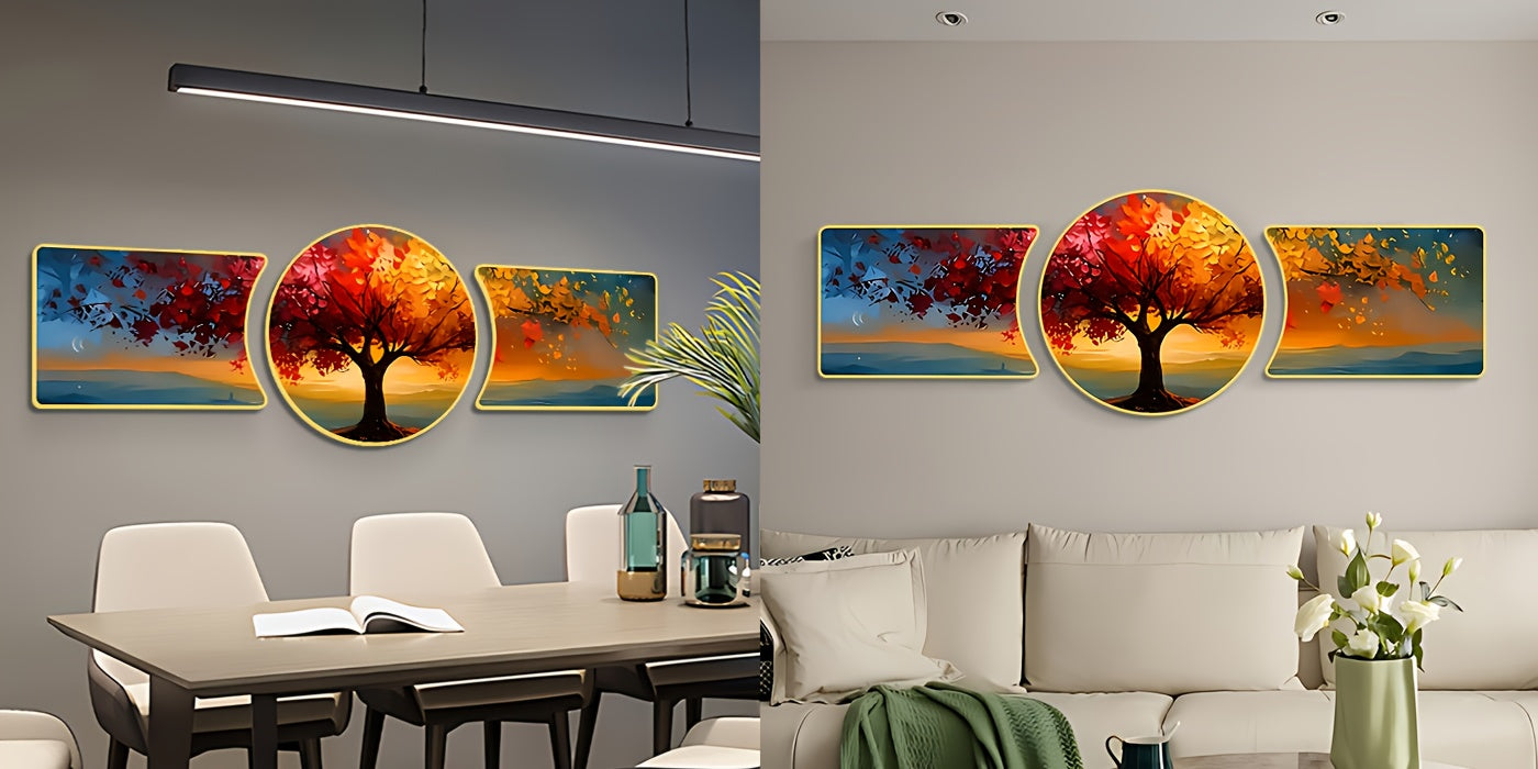 2D Flat, Three-piece Landscape Tree Wall Hanging Decoration, Waterproof Background Wall Decoration Painting, Light Luxury Style Wall Carving Decoration, Suitable for Home, Living Room, Office