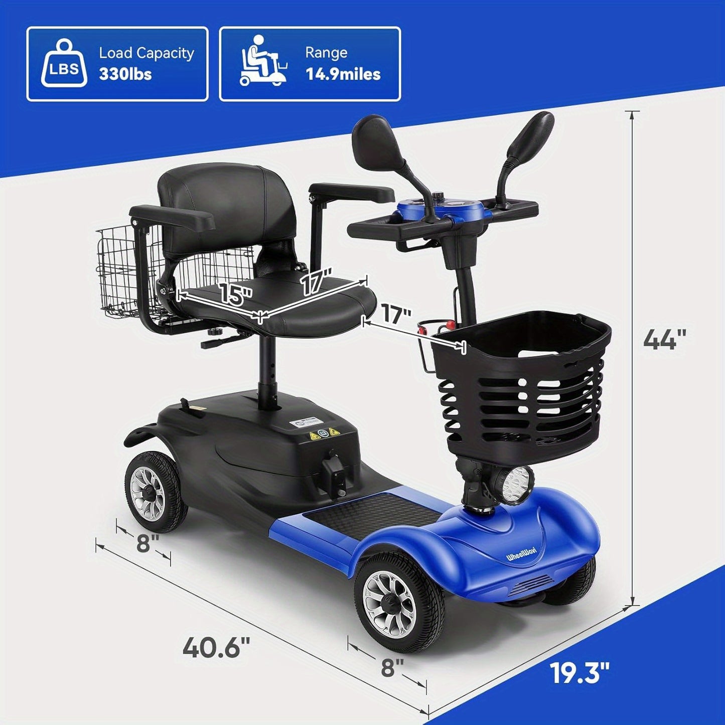 Heavy-Duty 4-Wheel Mobility Scooter For Seniors & Adults - 250W Motor, 14.9-Mile Range, 330LBS Load, 8" All-Terrain Solid Tires, Foldable Lightweight, Dual-Power Battery, Rearview Mirror, Indoor/Outdoor Use, Trunk Storage, Lo