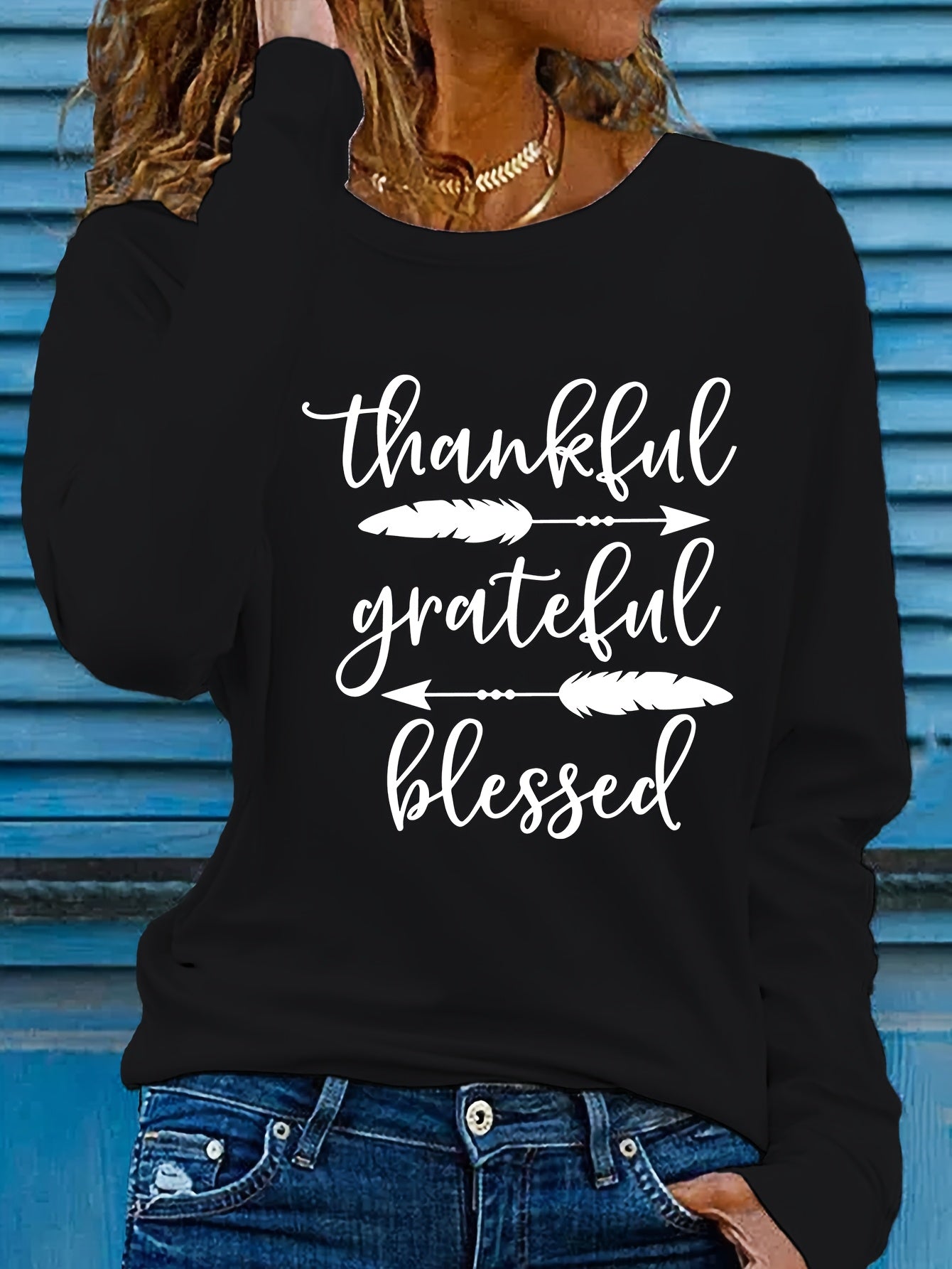 Women's Beige Thankful Grateful Blessed Print Long Sleeve T-Shirt - Loose Fit Round Neck Casual Top with Cursive Lettering & Accent, Soft Comfortable Fabric for Fall Winter Casual Attire, Thanksgiving Christian Apparel, Sprin
