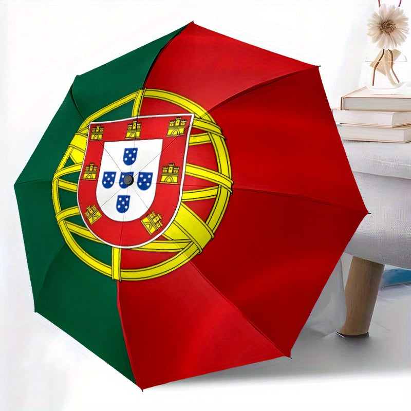 Modern Portuguese Flag Design Automatic Folding Umbrella - Durable Windproof Portable Travel Umbrella with 8 Ribs, 210T Pongee Fabric, Ideal for Holiday Gifts, Black & Red with Yellow & Blue Accents, Travel Umbrella, Gift Ite
