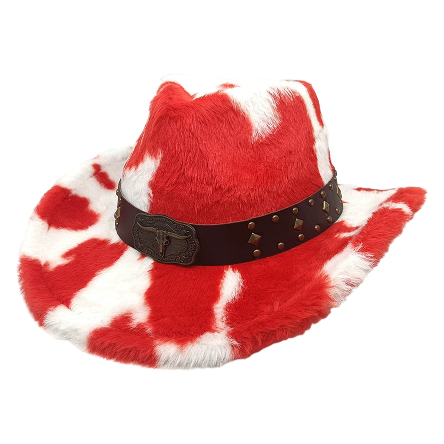 Warm Plush Fuzzy Cowgirl Hat with Bull Head Belt - Unisex Western /H Cow Spot Jazz Cap for Rodeo, Ranch, Themed Parties | Hand Washable for men & women