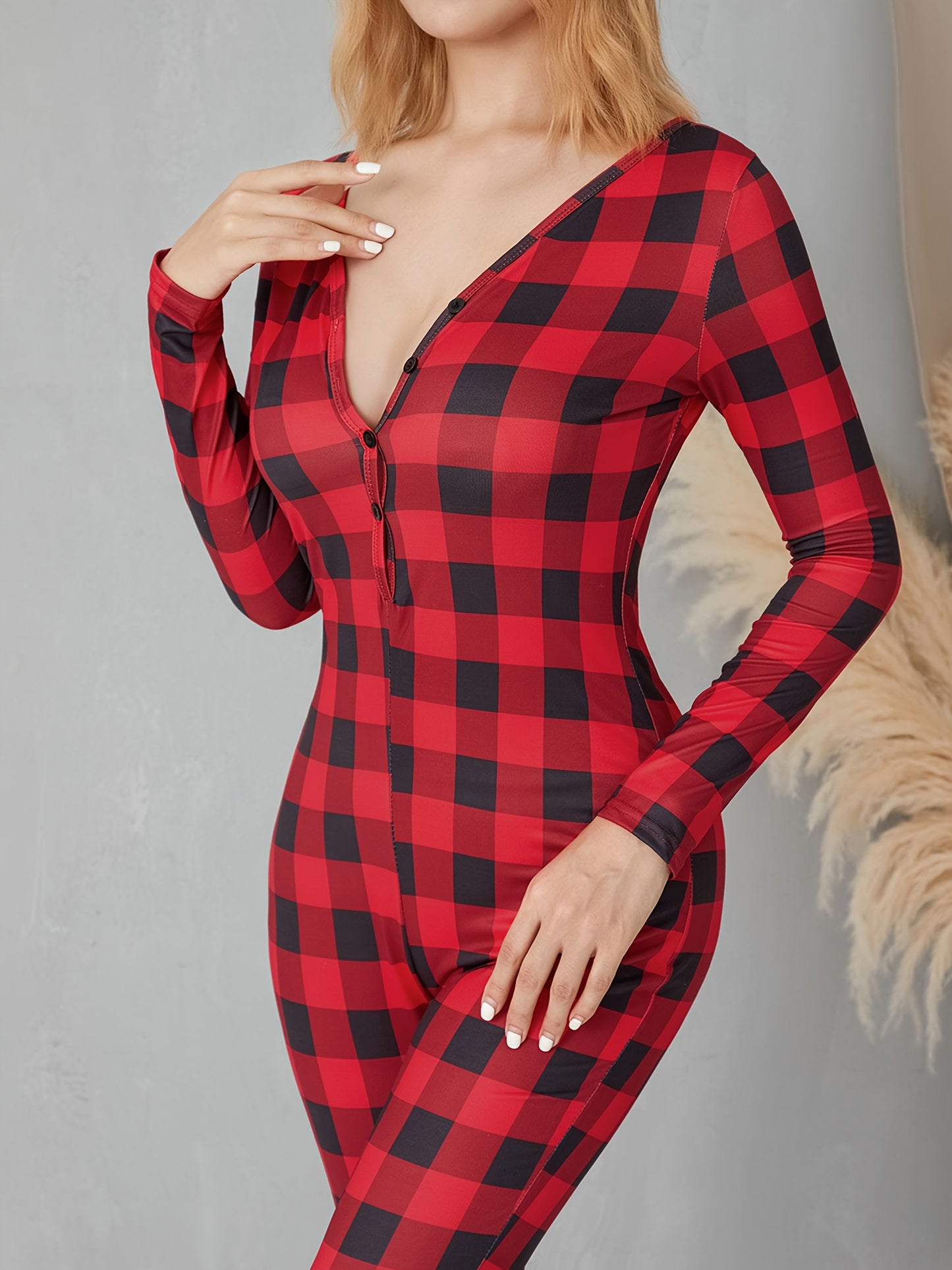 Women'S Red & Plaid Rhombus Print Christmas Jumpsuit - Sexy Bodycon Long Sleeve V-Neck Button-Front Romper with Long Pants, Cozy Winter Sleepwear & Holiday Party Outfit, Festive Pajamas for Adults