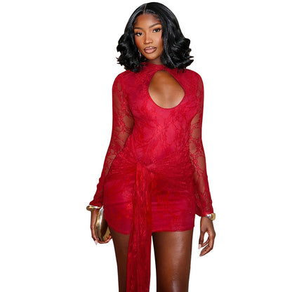 Ladies' Fashionable Dress for Parties and Gatherings Solid Color Hollow Out Straps Sexy Lace Long Sleeved Ribbon Short Dress