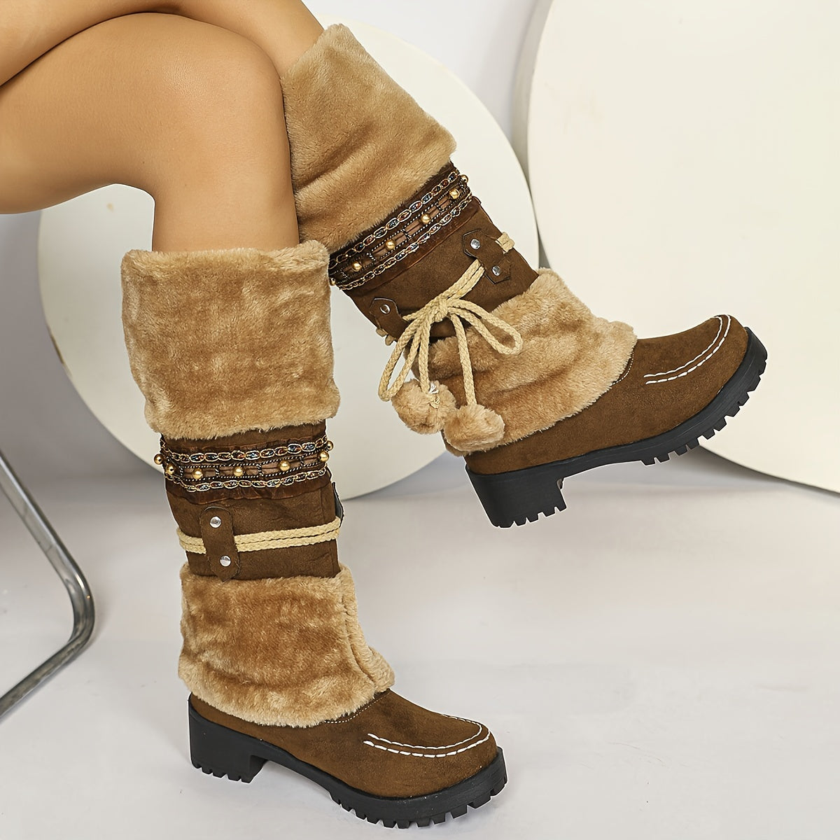 Ethnic Cowboy Boots for Men - Women's Mid-Calf Boots - High Heel Ankle Boots with Faux Fur Lining - Autumn and Winter