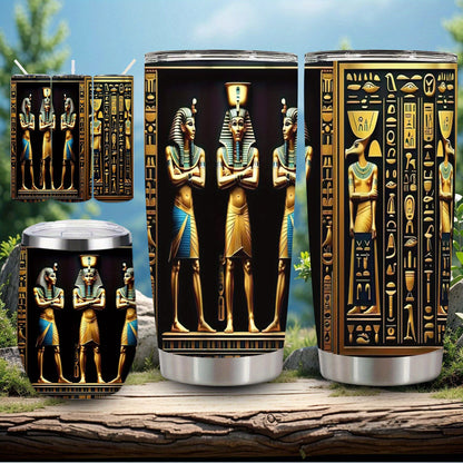 1pc Egyptian Hieroglyphs & Pharaohs Tumbler with Lid & Straw - 12oz/20oz Insulated Travel Mug, Double-Wall Vacuum Cup with Golden & Black Egyptian Design, Tutankhamun & Anubis Pharaohs, Ideal Gift for History Buffs, Christmas