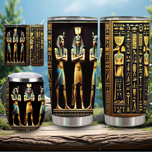 1pc Egyptian Hieroglyphs & Pharaohs Tumbler with Lid & Straw - 12oz/20oz Insulated Travel Mug, Double-Wall Vacuum Cup with Golden & Black Egyptian Design, Tutankhamun & Anubis Pharaohs, Ideal Gift for History Buffs, Christmas