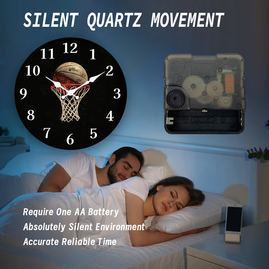 1x 10 Inch Basketball-Themed Wall Clock with Silent Sweep Movement - Black & Golden Sports Decor, Hoop & Number 30 Design (Basketball Fans), Artificial Wood Frame - Easy-to-Read White Hands, AA Batteries Not Included - Perfec