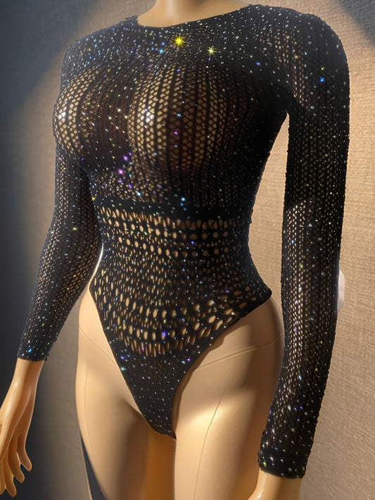 Sexy Long-Sleeve Rhinestone-Embellished Jumpsuit with Skeleton Details - Sparkling Black Swimsuit for Parties & Beach Events, Elegant Adult Swimwear for Women, Party Swimwear, Beach Event Attire, Skeleton Swimwear, Rhinestone