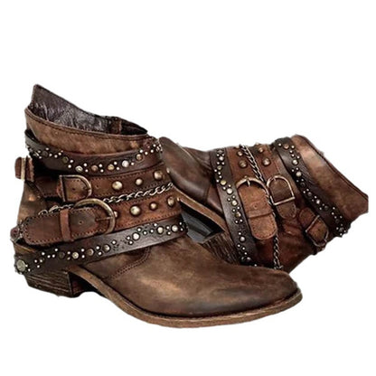 Women'S Chunky Heel Chelsea Boots with Belt Buckle Closure - Slip-Resistant Round Toe Winter Ankle Boots, Pointed Toe & Arch Support, PU Sole & Cushioned Insole, Casual to Semi-Formal Brown Boots for Everyday & Special Occasi
