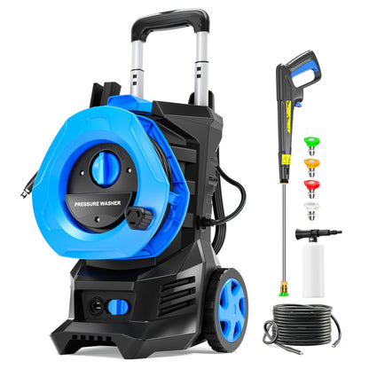 Electric Pressure Washer With 25FT Hose, 4 Nozzles & Foam Cannon - 4800PSI MAX 2.8 GPM Power Washer For Cars, Fences, Patio - US Plug, Metal Construction, Fence Cleaning | Robust Outdoor Tool, Pressure Washer Accessories, Blu