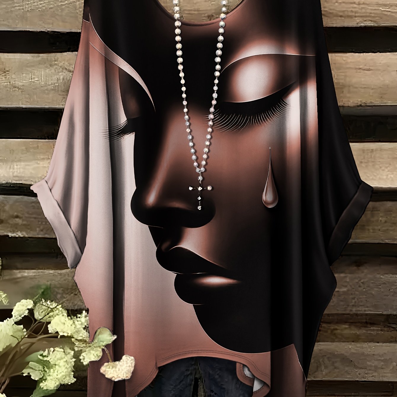 Plus Size - Casual Elegant Comfortable Crew Neck Short Sleeve T-Shirt | Large Size, Tearful Dream Portrait Print, No Accessories