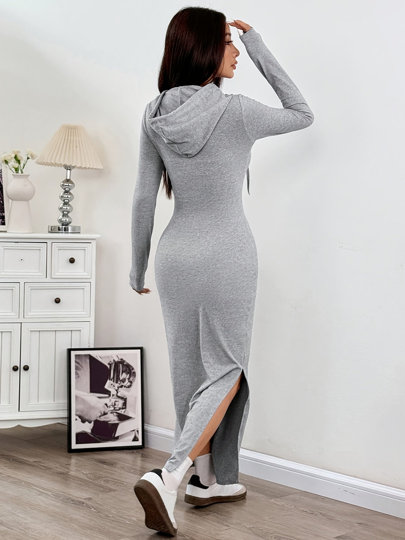 Spring and Autumn New Hooded Long Cross Knee Casual Fashion Dress | Solid Color, Long Sleeve, Bodycon Fit, Slit Hem