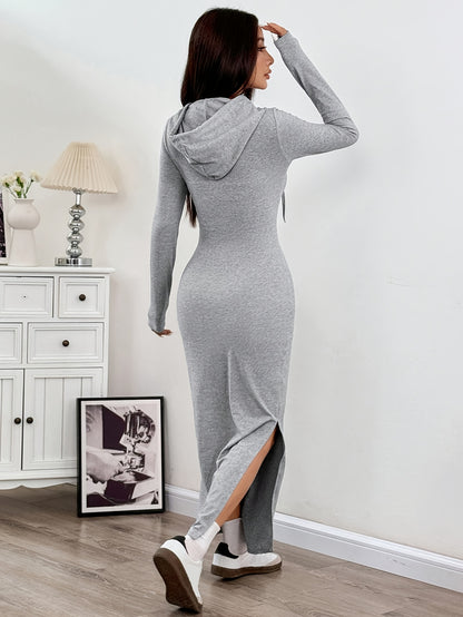 Spring and Autumn New Hooded Long Cross Knee Casual Fashion Dress | Solid Color, Long Sleeve, Bodycon Fit, Slit Hem
