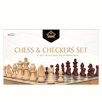 1pc Limited Edition 30.5cm Large Wooden Chess and Checkers Set - Foldable Strategy Game with Exquisite Board and German Knight Staunton Pieces, Portable and Durable Storage Box - For Chess & Checkers Enthusiasts - Perfect Gif