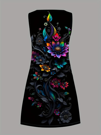 Women'S Retro Elegant Sleeveless Dress | Casual Summer and Spring Short-Sleeve Dress, Lightweight Stretch Fabric, Print Pattern, Crew Neck, Machine Washable, Suitable for Spring, Summer, and Autumn Vacations and Formal Occasi