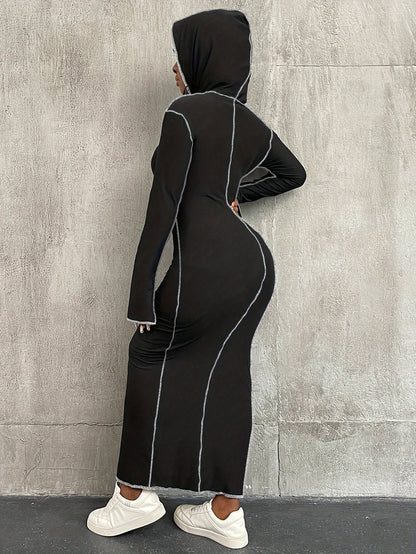 Fashionable Hooded Sweatshirt with Contrasting Seams, Fitted Long Skirt, Street-Style Dress