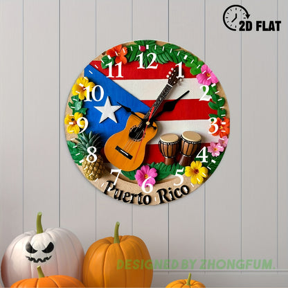 Wall Clock Decoration, Guitar, Drums, Pineapple, Flowers 2D FLAT Pattern Wood Silent Non-Ticking Bedroom Clock, Nursery Wall Clock for Schools, Homes, Christmas Holiday Decoration, Clear Visibility Timepiece 10Inch/12Inch, 2D
