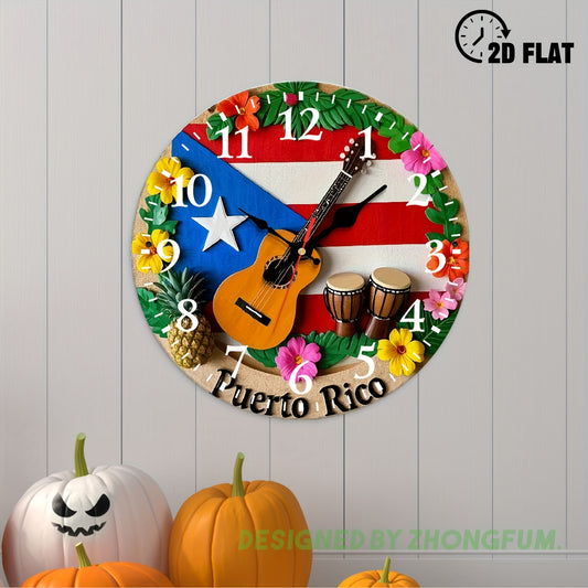 Wall Clock Decoration, Guitar, Drums, Pineapple, Flowers 2D FLAT Pattern Wood Silent Non-Ticking Bedroom Clock, Nursery Wall Clock for Schools, Homes, Christmas Holiday Decoration, Clear Visibility Timepiece 10Inch/12Inch, 2D