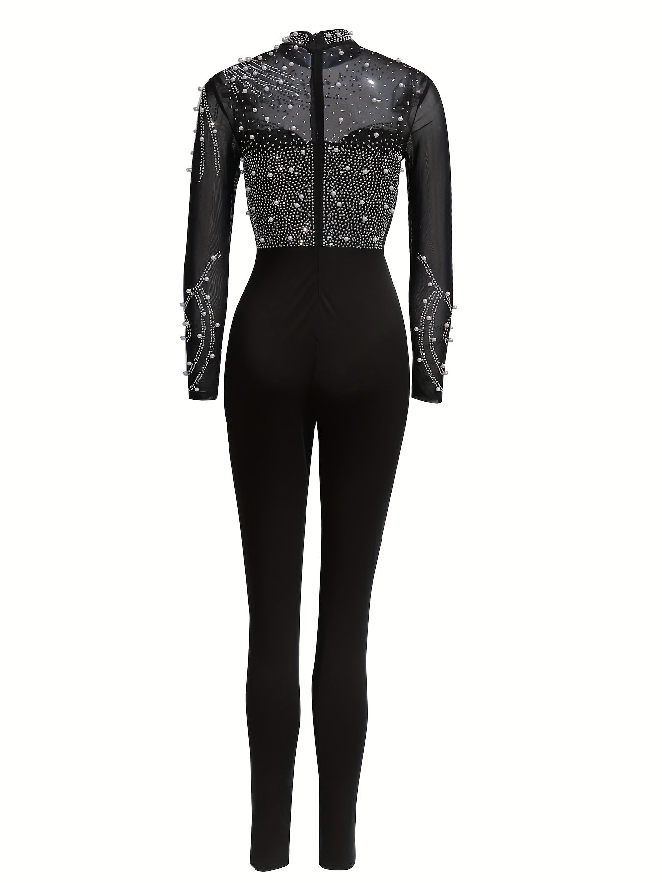 Elegant Women'S Black Jumpsuit with Pearl And Rhinestone Embellishments, Featuring Sheer Mesh Long Sleeves for Evening Events