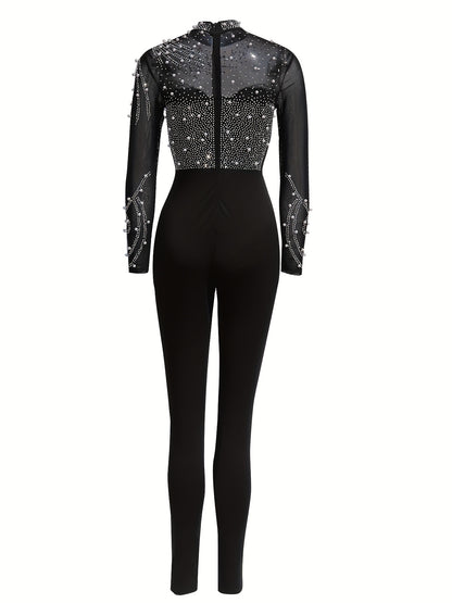 Elegant Women'S Black Jumpsuit with Pearl And Rhinestone Embellishments, Featuring Sheer Mesh Long Sleeves for Evening Events