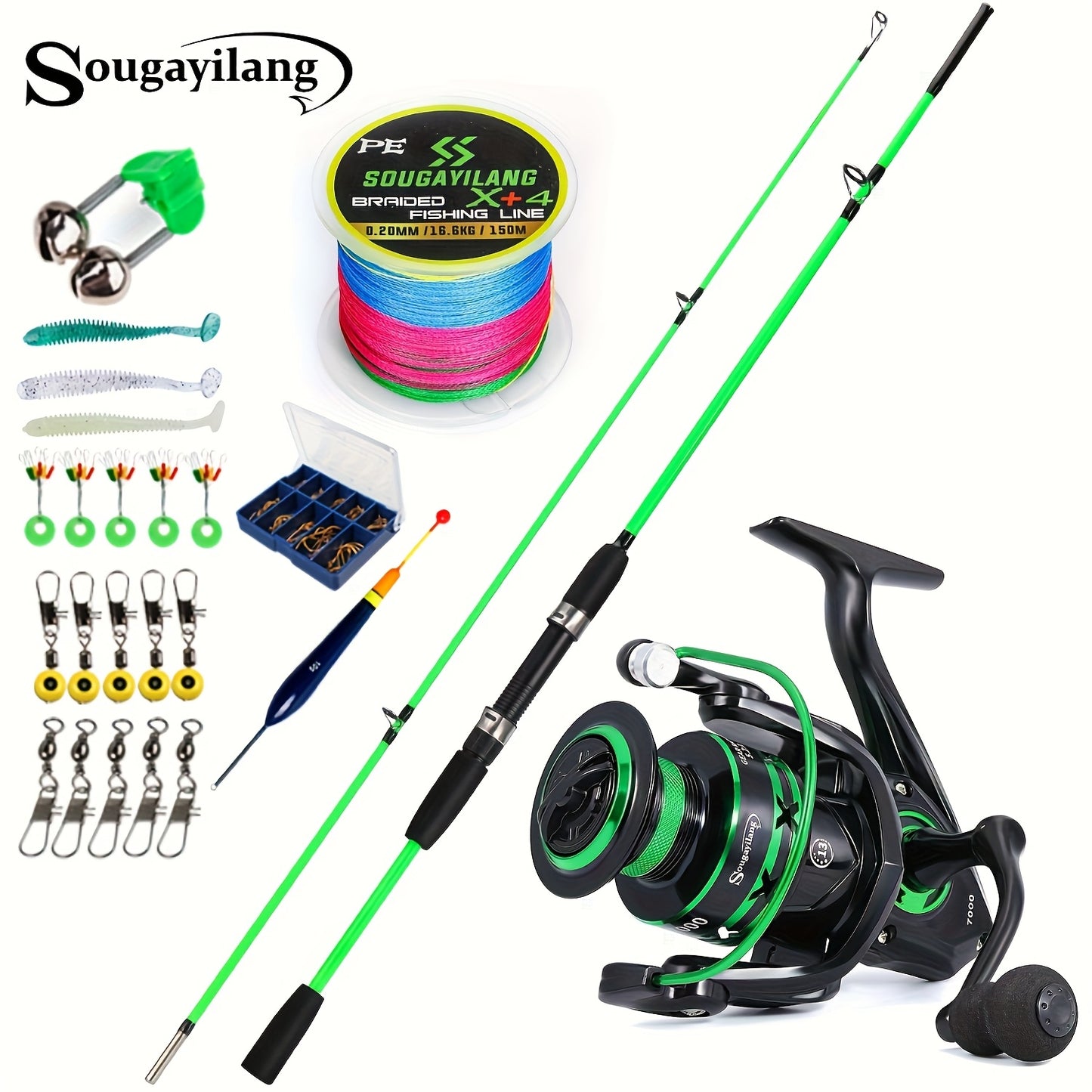 Sougayilang Fishing Rod and Reel Set, Two-Section Straight Handle Spinning Reel Combo with 5.2:1 Gear Ratio for Blackfish, Trout, Bass, Dogfish, and Carp - Beginner-Friendly Complete Tackle Kit with Random Color Line and Bait