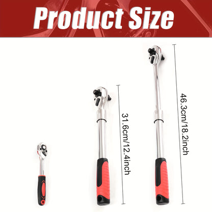 [3-in-1 Ratchet Wrench] PMMJ 3-in-1 Extendable Ratchet Wrench, 72-Tooth, Reversible, Quick Release, Carbon Steel, 1/2" & 3/8" & 1/4" Drive | Extra Long, Maximum 463mm/18.2inch, White Red Black, Interchangeable, for Auto Car M