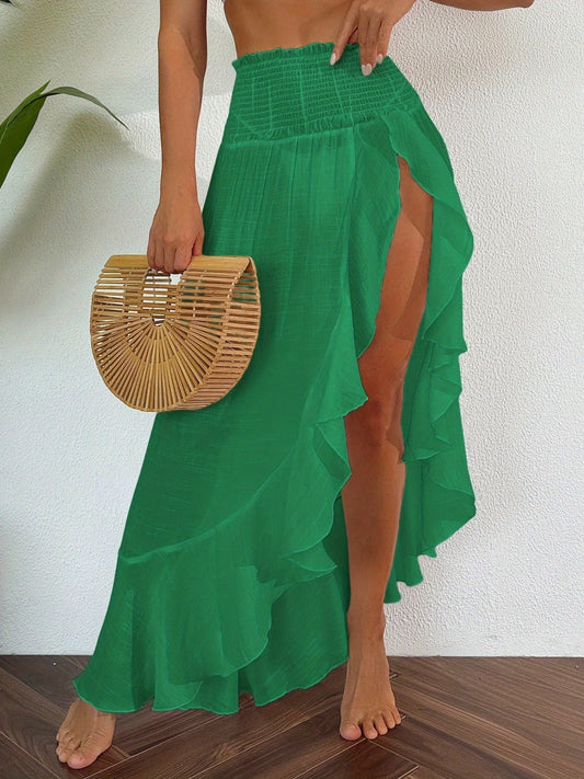 Women's Sexy Asymmetrical High Slit Beach Maxi Skirt - Lightweight Flowy Ruffle Trim, Elastic Waistband & Shirred Pleated Design, Semi-Sheer Solid Color for Summer Vacation, Poolside, or Evening Out, Beach Dresses, Poolside A