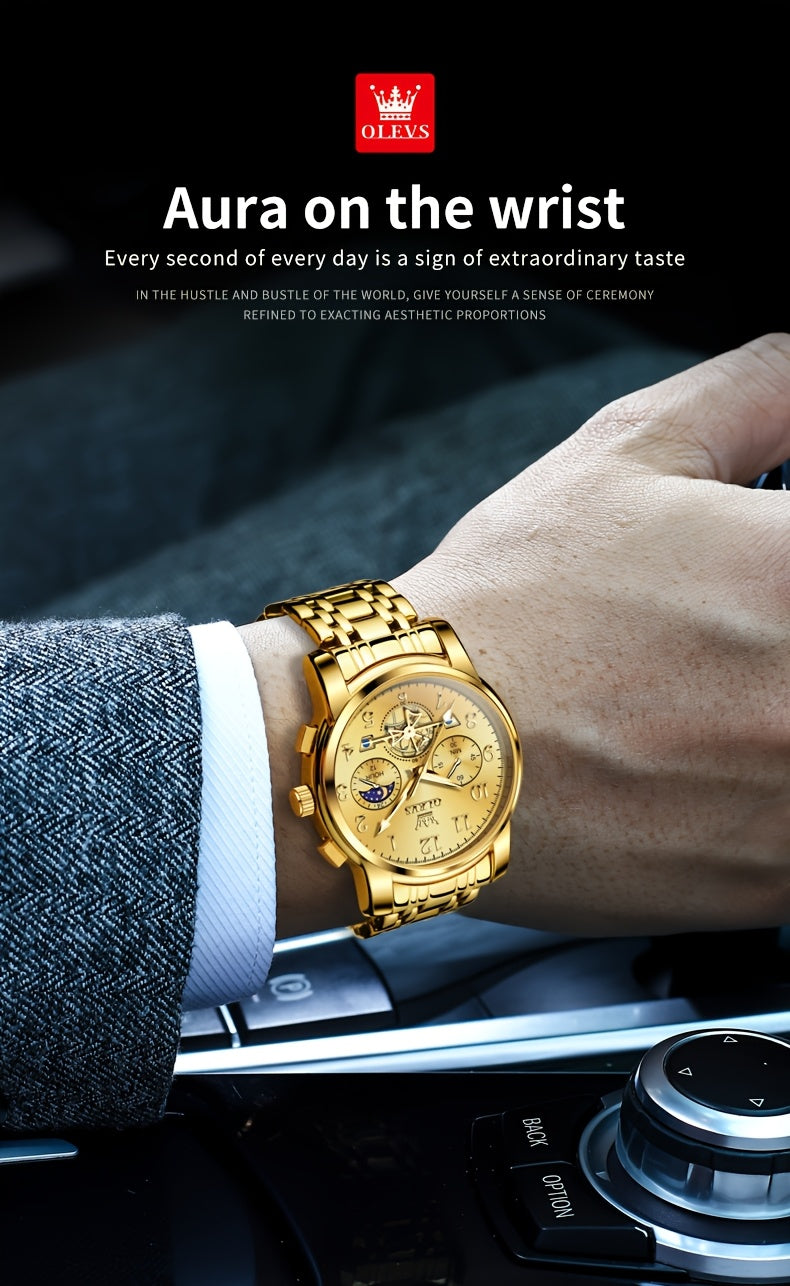 OLEVS Men's Luxury Multifunctional Quartz Watch - Stainless Steel Luminous Analog Watch with Moon Phase, Chronograph, Date/Day/24H Indicator, Golden-Tone & Bracelet for Business, Casual, Casual Attire - Dress Watch