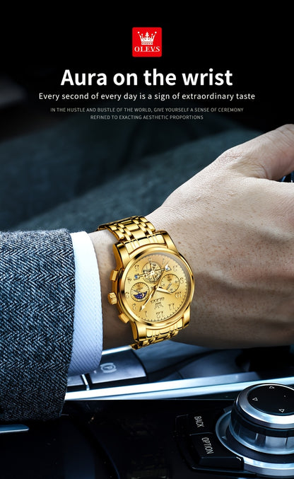 OLEVS Men's Luxury Multifunctional Quartz Watch - Stainless Steel Luminous Analog Watch with Moon Phase, Chronograph, Date/Day/24H Indicator, Golden-Tone & Bracelet for Business, Casual, Casual Attire - Dress Watch