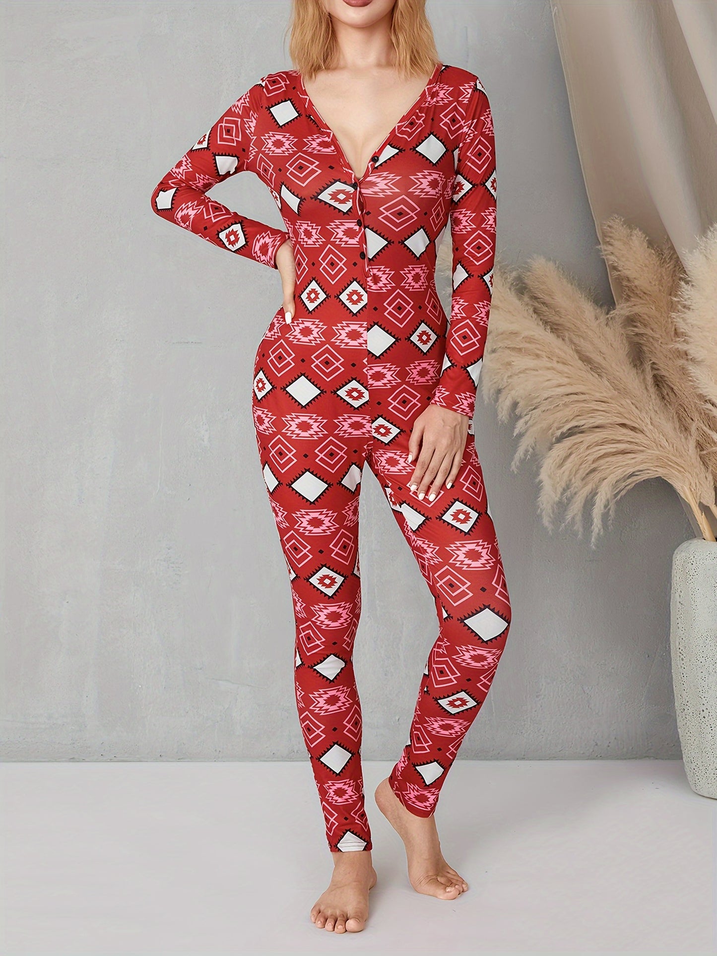 Women's Plaid V-Neck Romper - Casual Long Sleeve Jumpsuit with Elastic Yoga Waist and Button Details, Red, Polyester